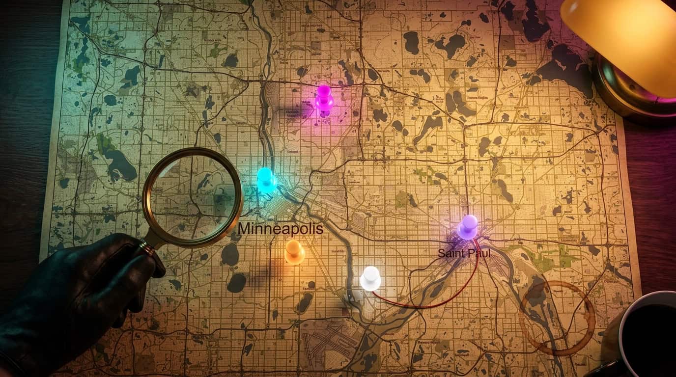Vintage sepia Minneapolis map with five glowing colored push pins and a brass magnifying glass held by a gloved hand.