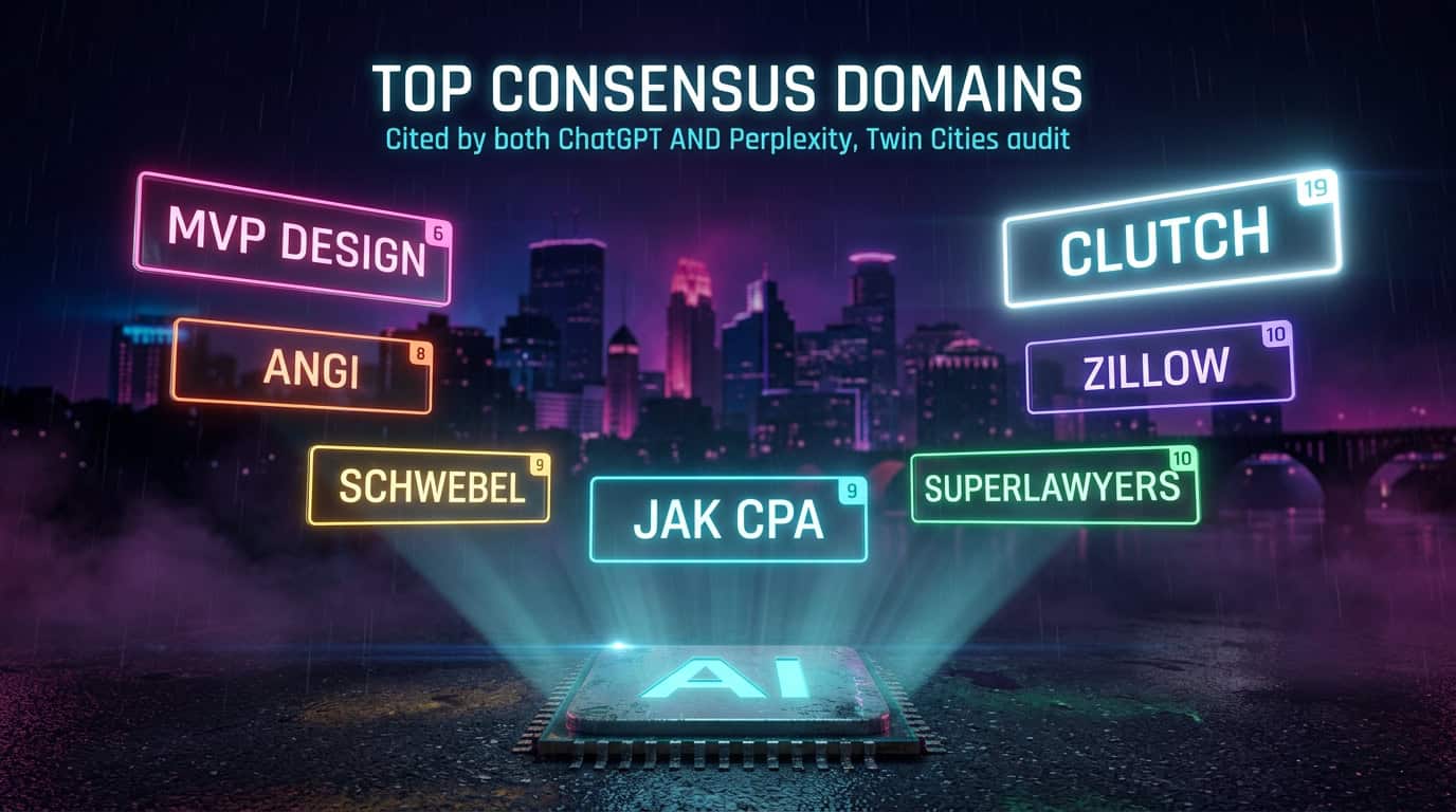 Horizontal bar chart of the top 12 consensus domains cited by both ChatGPT and Perplexity for Twin Cities business queries, with ChatGPT and Perplexity citation counts stacked, led by Clutch with 19 combined citations