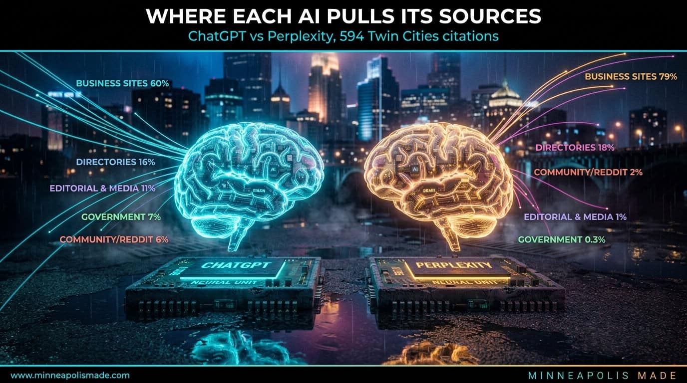 Cinematic twin-brain infographic showing source type composition of 594 Twin Cities citations: ChatGPT pulls 60 percent business sites, 16 percent directories, 11 percent editorial, 7 percent government, 6 percent Reddit; Perplexity pulls 79 percent business sites, 18 percent directories, with editorial, Reddit, and government under 3 percent each