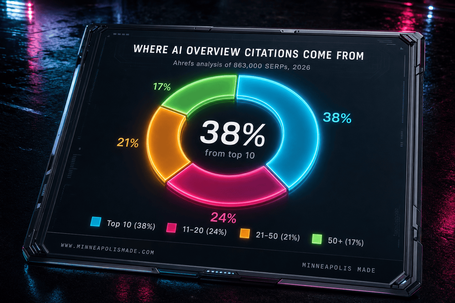 Donut chart showing where AI Overview citations come from in 2026: 38% from top 10 organic results, 24% from positions 11-20, 21% from positions 21-50, 17% from beyond position 50. Source: Ahrefs 863K SERP study
