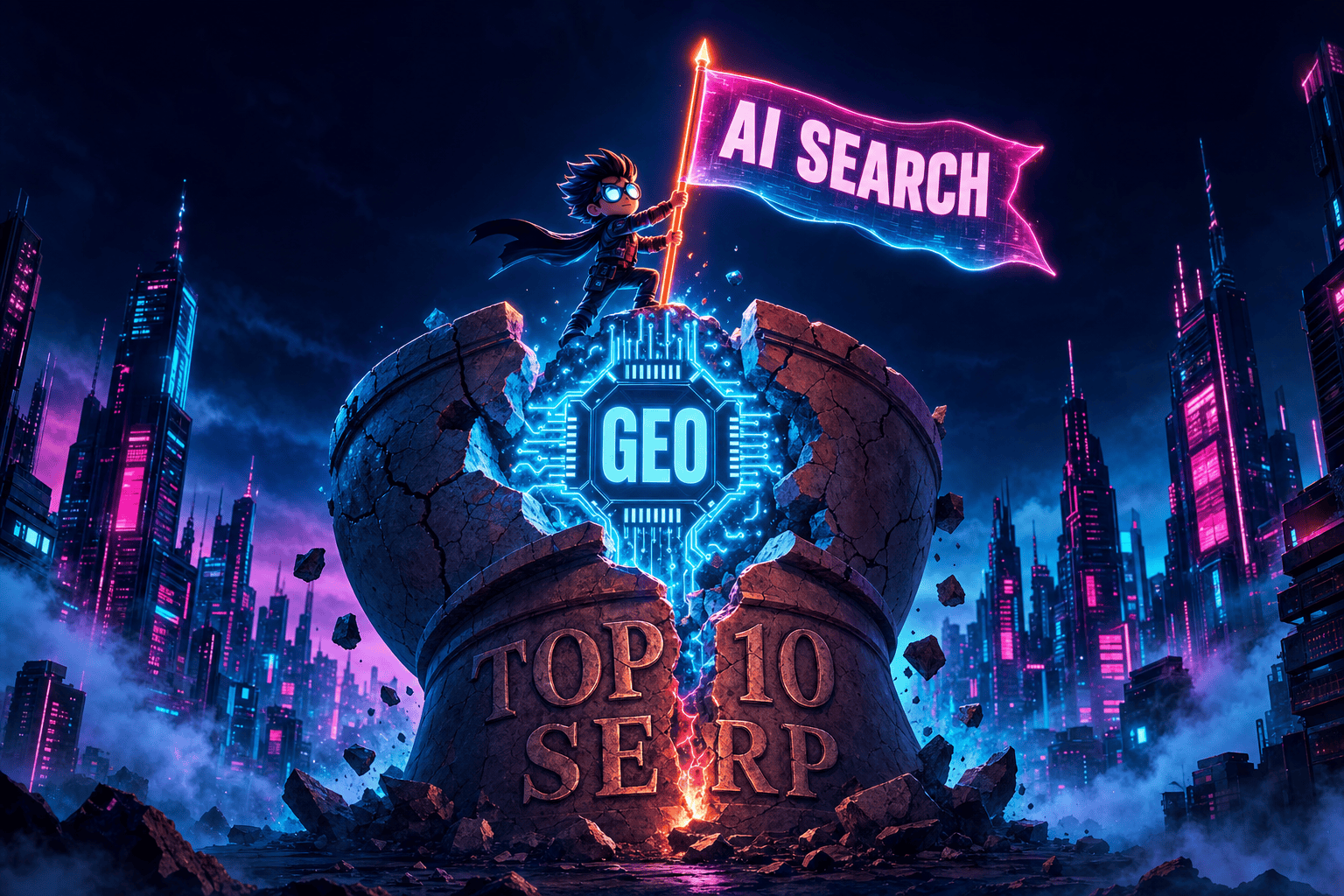 Cyberpunk cartoon illustration of a tiny revolutionary planting an AI SEARCH flag on top of a cracked TOP 10 SERP stone pedestal, with a glowing GEO microchip rising out of the crack — representing how generative engine optimization is built on the foundation of classic search rankings, not a replacement for them.
