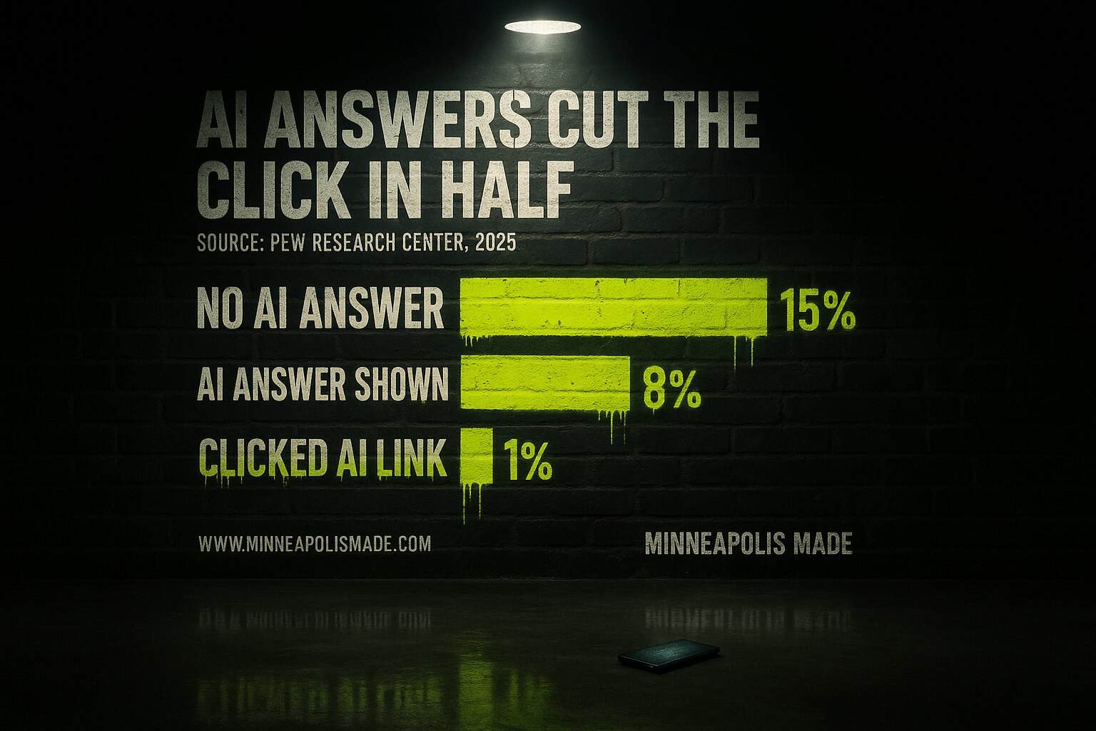 Bar chart showing AI answers cut the click in half: users click a traditional result 15% of the time with no AI answer, 8% when an AI answer is shown, and just 1% click a link inside the AI answer, per Pew Research Center 2025
