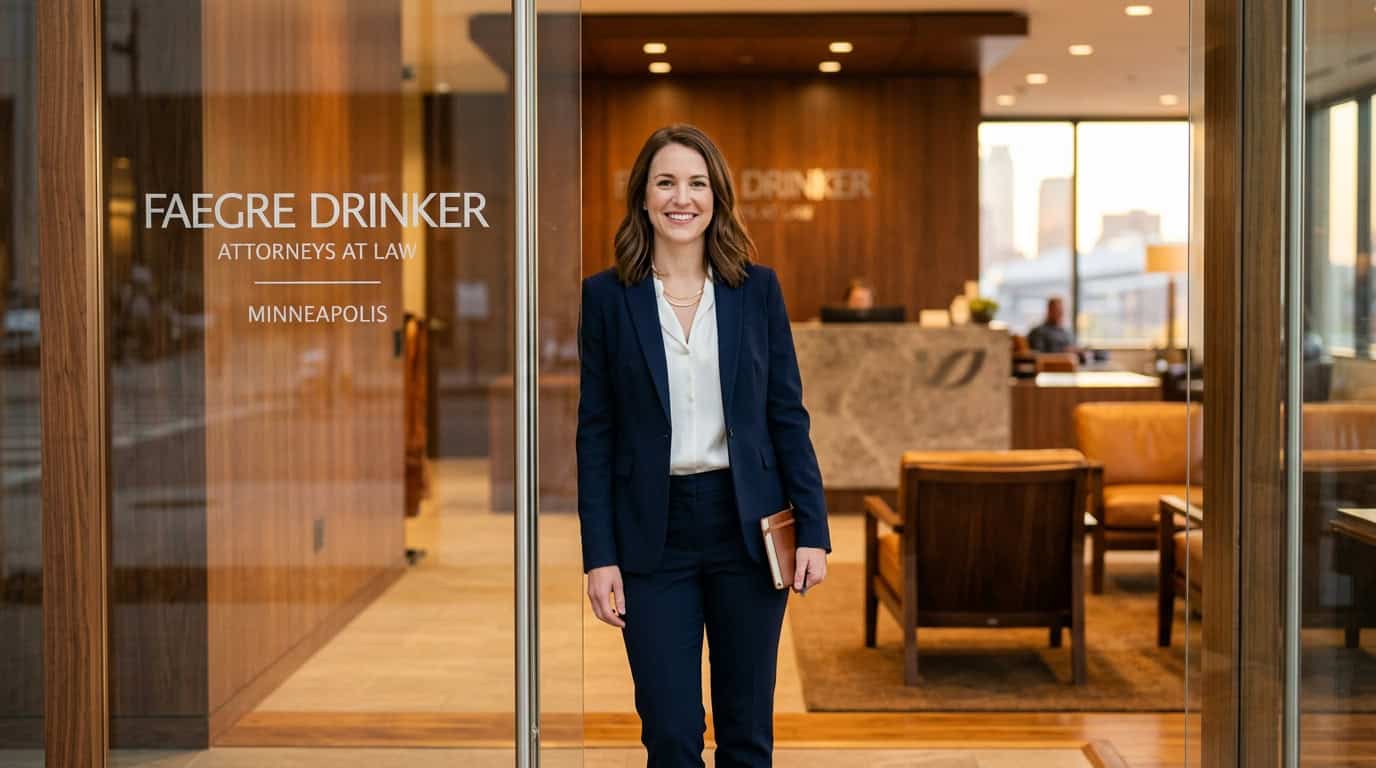 Attorney standing in the doorway of a Minneapolis law firm office with city skyline visible and warm professional reception area