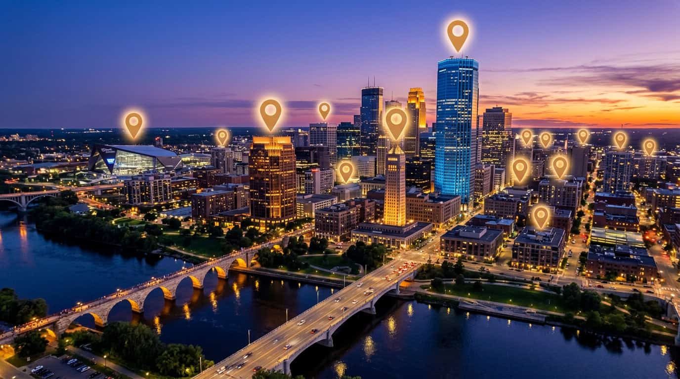 Aerial view of Minneapolis at twilight with glowing location pins highlighting local businesses across the cityscape
