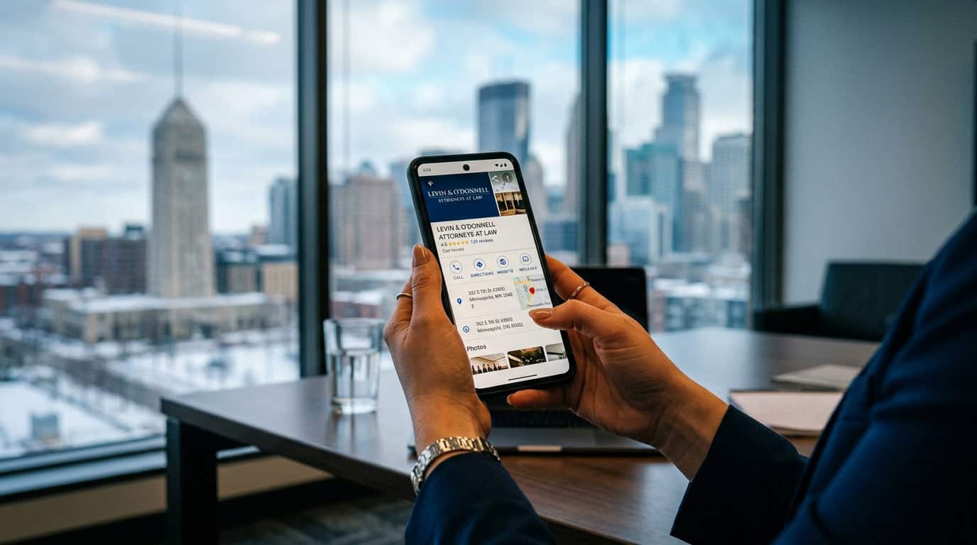 Attorney viewing a Google Business Profile on smartphone with Foshay Tower and Minneapolis skyline visible through office windows