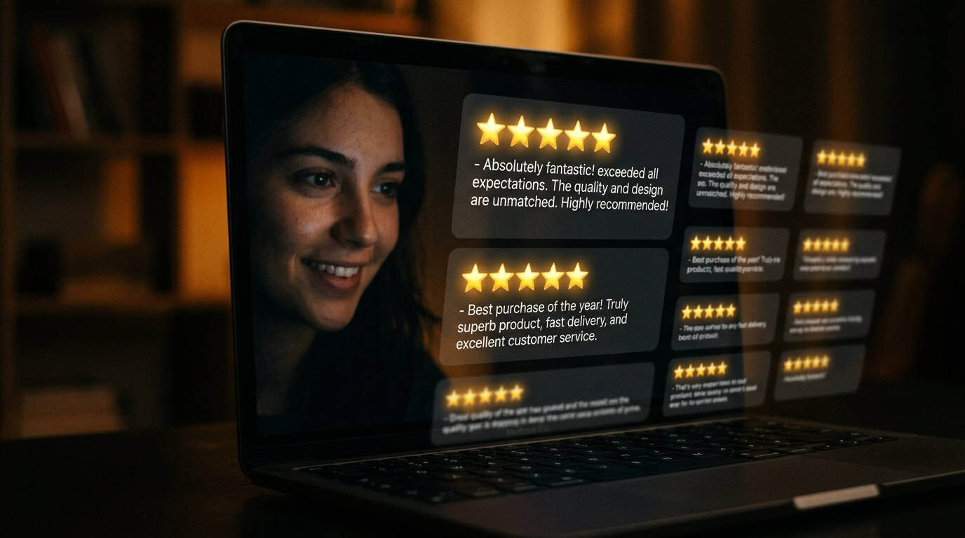 Person reading 5-star reviews on a laptop screen with glowing review cards visible