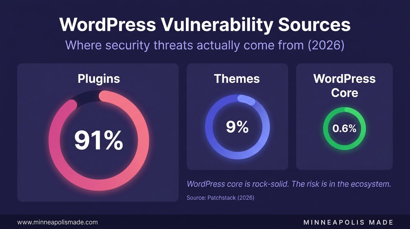 Donut chart showing WordPress vulnerability sources: Plugins 91%, Themes 9%, Core less than 1%