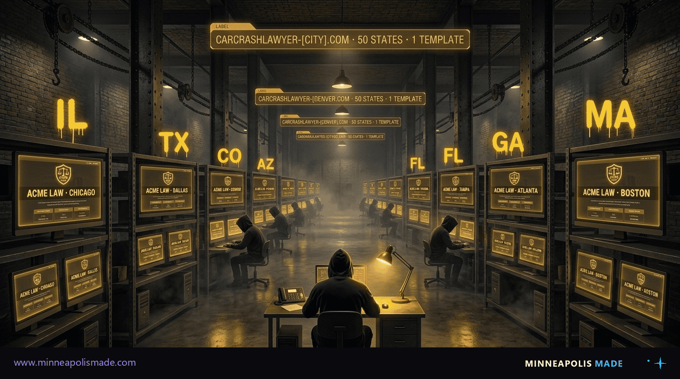 Cinematic illustration of the templated microsite factory: a clandestine warehouse with rows of monitors stretching into the distance, each displaying the same templated law firm webpage with a different city name swapped in. Illustrates the 50-site templated infrastructure behind vendor-owned microsite networks.
