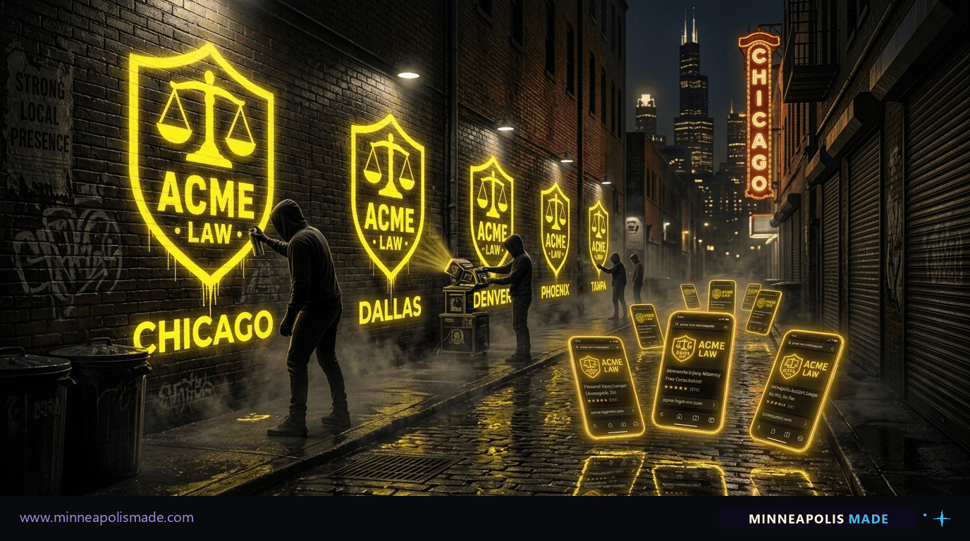 Cinematic illustration of brand-shield theft: a gritty alley at night with hooded figures stenciling identical glowing law firm shield logos onto a brick wall, each shield labeled with a different city name (Chicago, Dallas, Denver, Phoenix, Tampa). Visualizes the 50-state vendor microsite network copying a single law firm brand across city-specific domains.