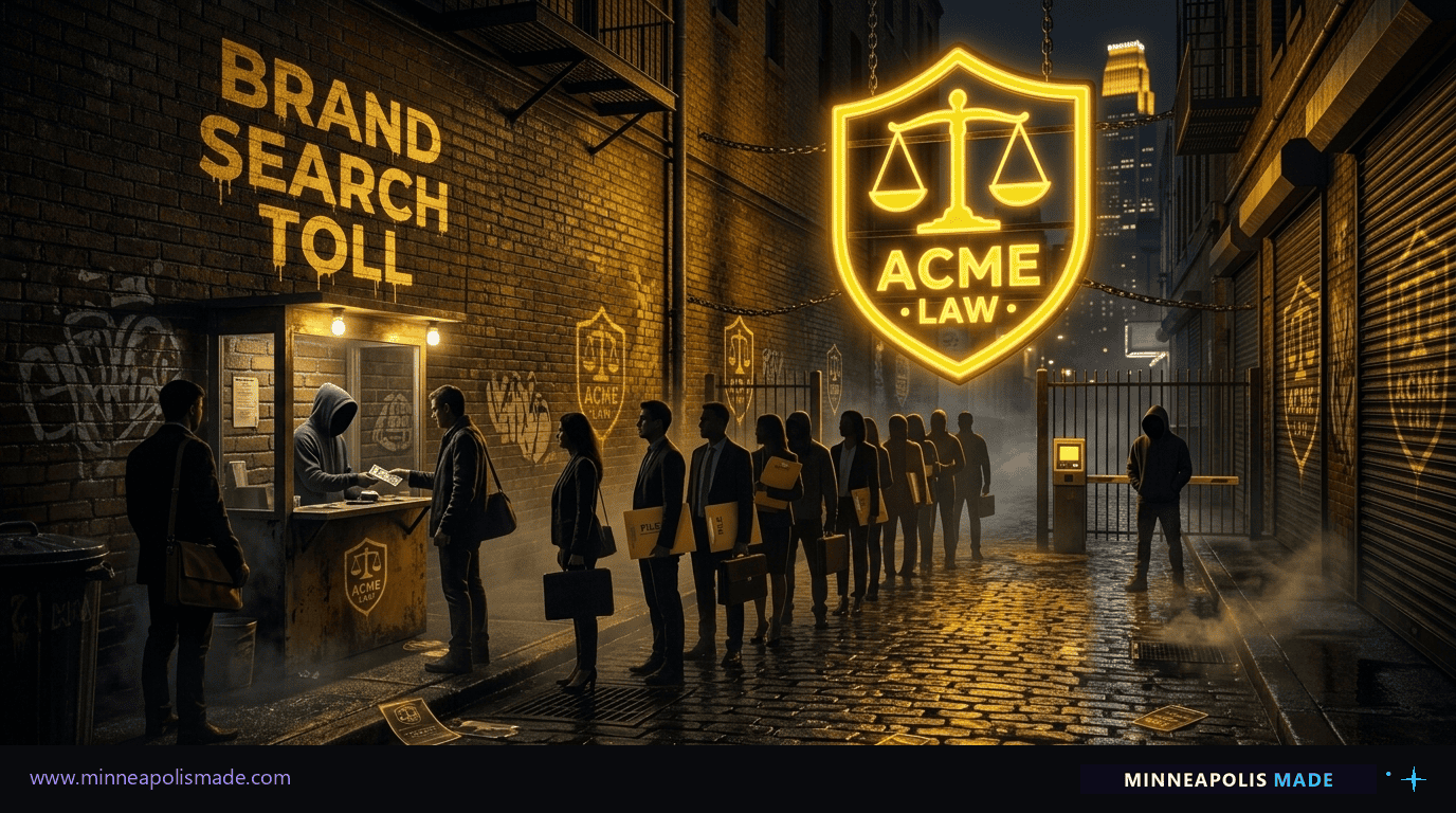 Cinematic concept illustration of the brand-search tollbooth: a massive amber-yellow ACME LAW shield logo suspended on chains over a clandestine alley payment booth, a hooded figure inside the booth collecting cash, a line of anonymous consumer silhouettes carrying briefcases and folders queued up to pay before passing under the shield, with BRAND SEARCH TOLL stenciled in dripping amber paint on the brick wall. Illustrates how vendor-owned microsites become a tollbooth on a firm own brand searches.