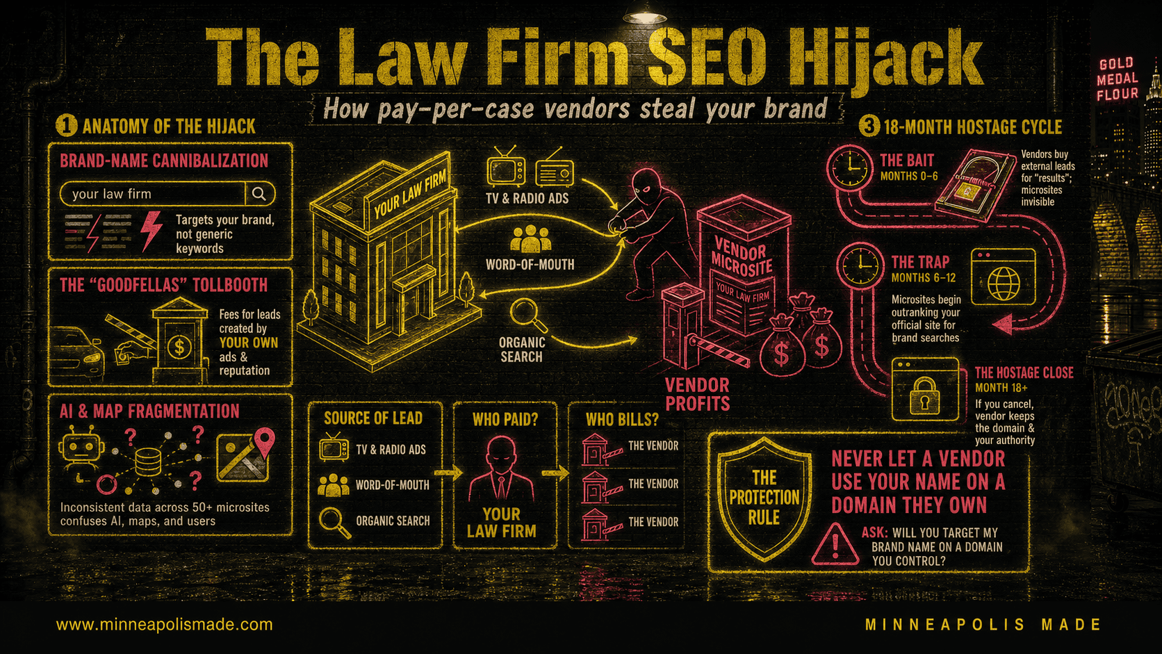 Editorial infographic titled How Lead Gen Vendors Use SEO to Hijack Your Law Firm Brand Equity. Four numbered sections summarize the scheme: (1) Brand Search Tollbooth where the firm gets charged for searches on its own name, (2) Doorway Penalty Risk across the firm main site and templated city microsites, (3) The Real Difference comparison contrasting legitimate SEO ownership with vendor-controlled microsites, and (4) Protection Playbook recommending a single firm-owned authoritative domain.