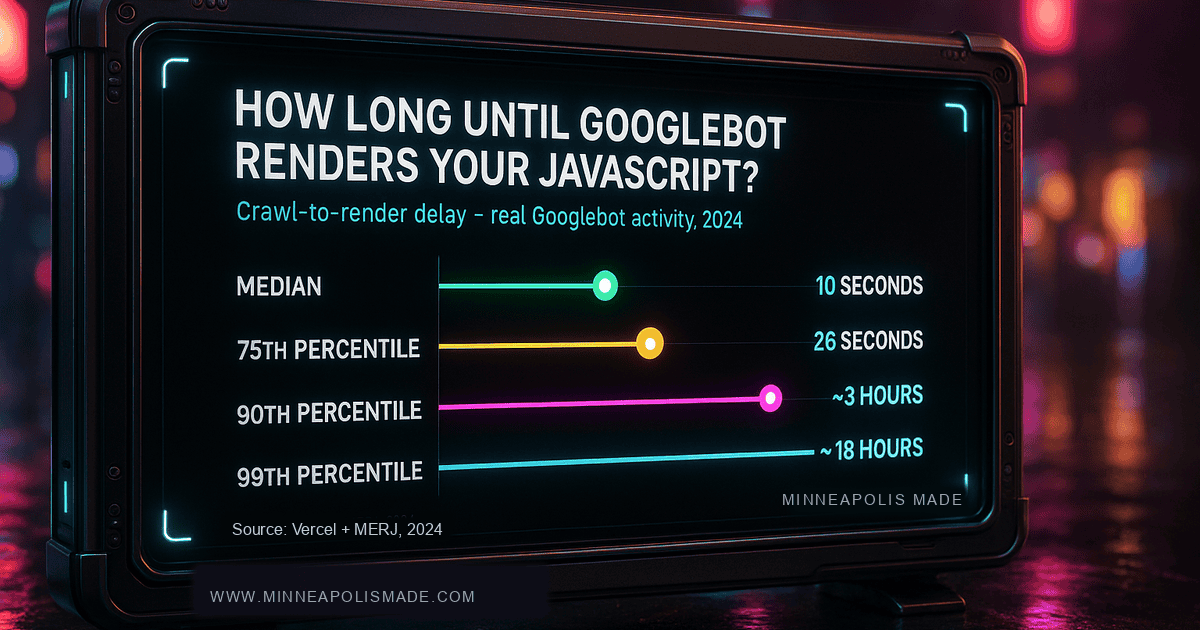 Bar chart of Googlebot crawl-to-render delay: median 10 seconds, 75th percentile 26 seconds, 90th percentile about 3 hours, 99th percentile about 18 hours