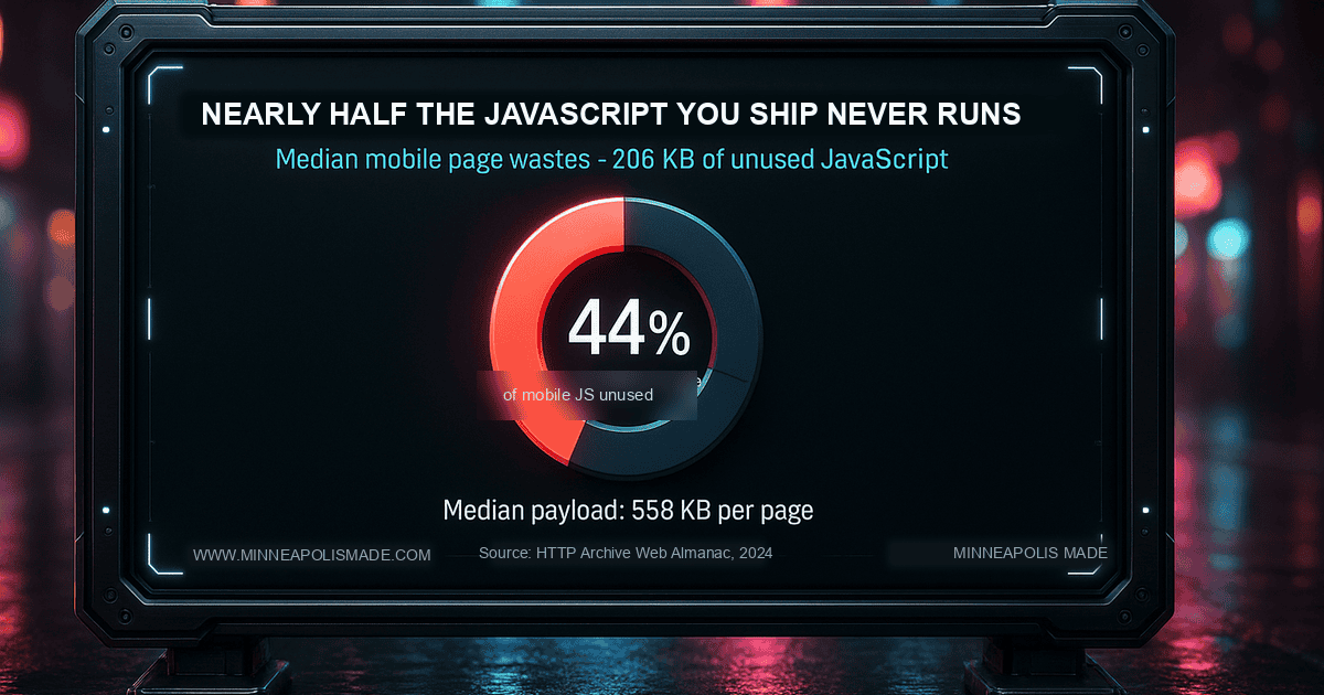 Donut chart showing 44 percent of mobile JavaScript goes unused, with a median payload of 558 KB per page